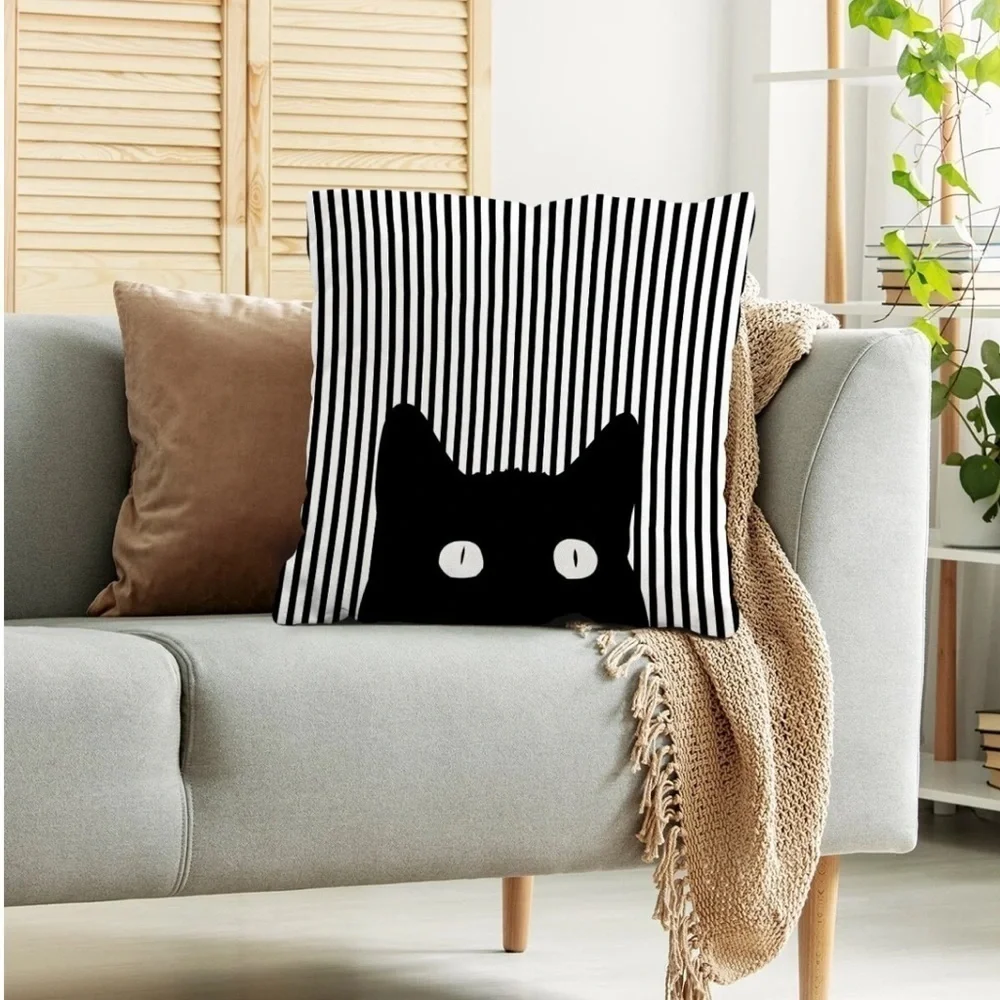 Cat Theme Pillow Cover Zippered Decorative Square Black White 17.7 in X 17.7 in